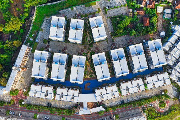 Aerial view of a modern housing complex in Tangerang, Indonesia, showcasing contemporary architecture.