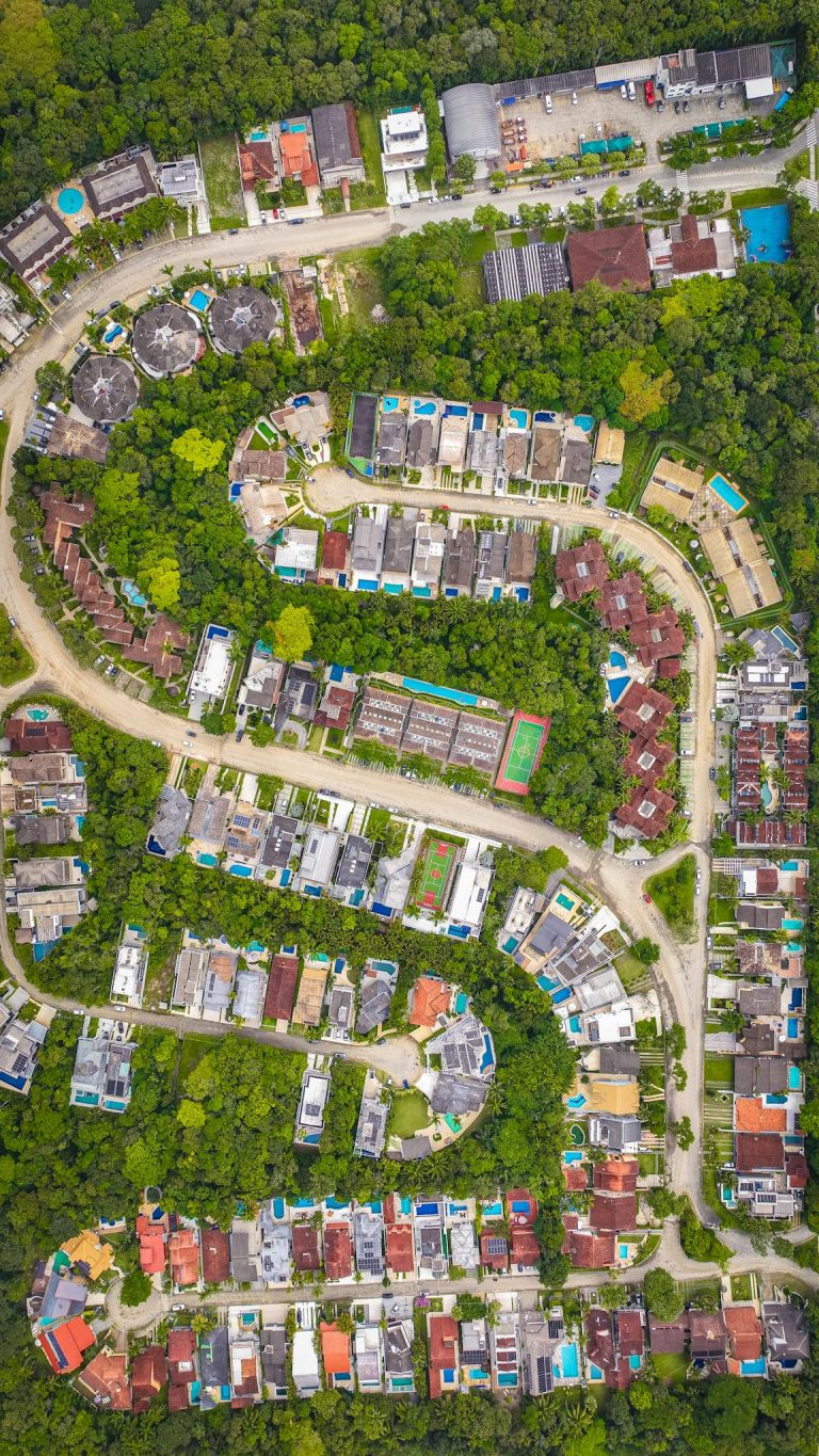 Vibrant aerial view of a residential neighborhood surrounded by dense green forest.
